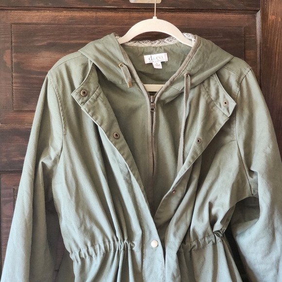 Olive Green Utility Jacket with Hood Snaps & Zipper POCKETS Size XL EUC - Picture 8 of 12